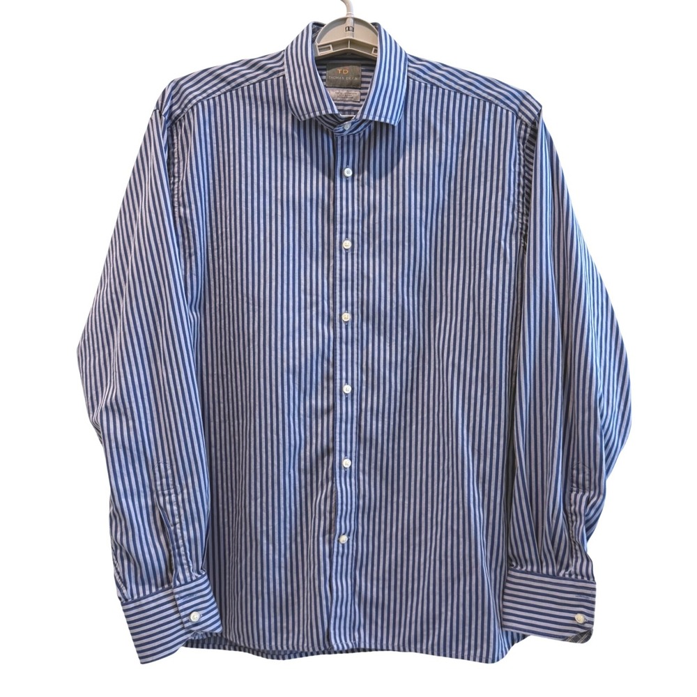 Thomas Dean Blue White Striped Pima Cotton Long Sleeve Button Up Shirt Large - Picture 2 of 5